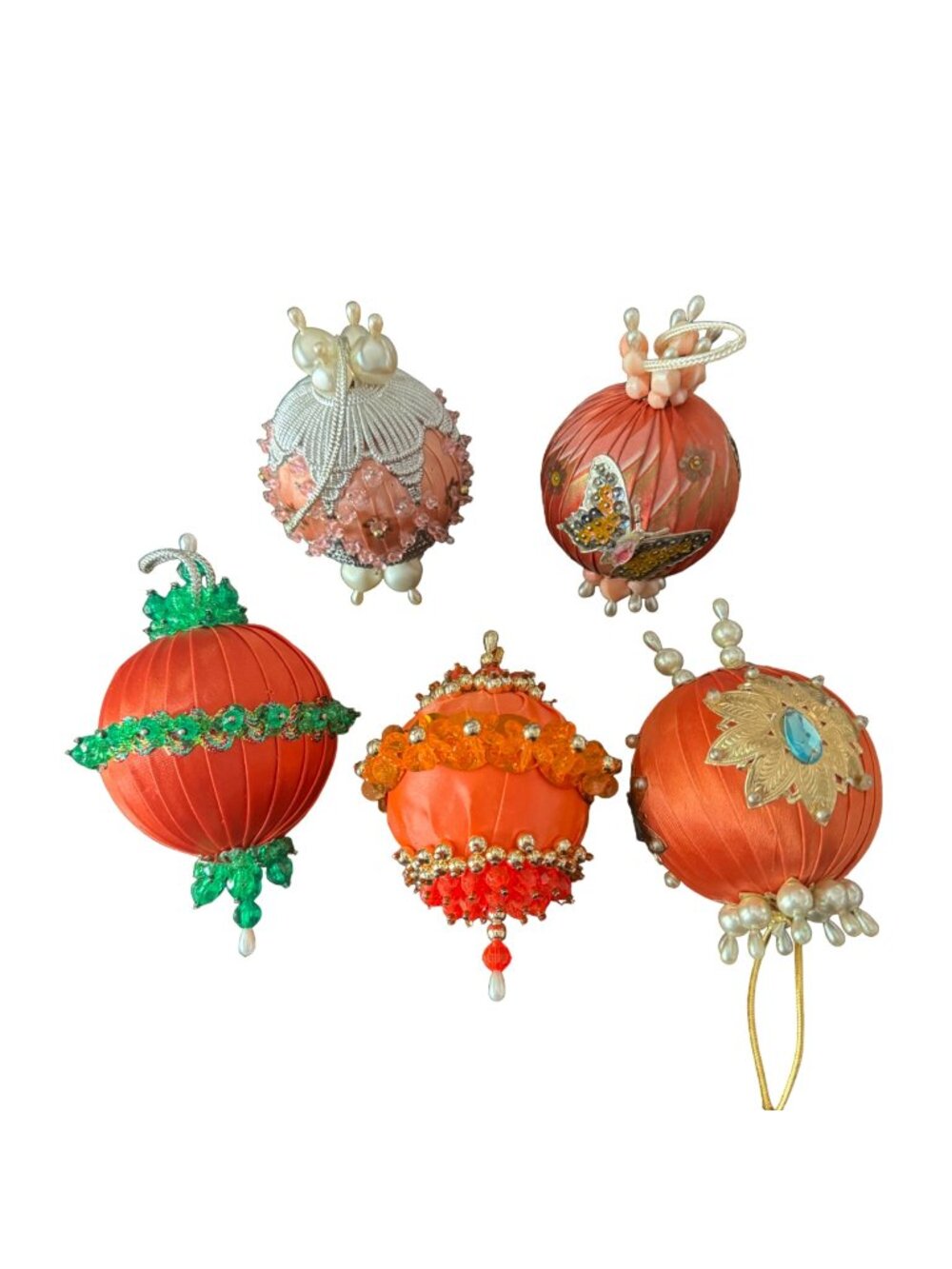 Vintage Satin Christmas Ornaments Set Of 5 Beaded Retro Holiday Decor Orange